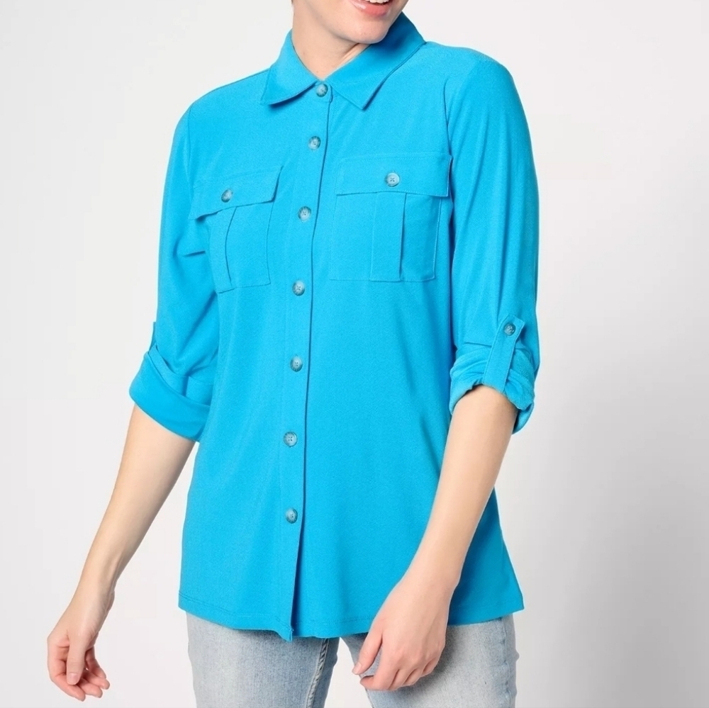 Attitudes by Renee Knit Safari Button Down Shirt, Azule Blue, Size XS